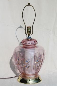 catalog photo of rose glow pink glass bedside table lamp w/ lighted base, 80s vintage 