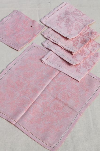 photo of rose pink cotton damask cloth luncheon napkins, vintage fabric napkin set #1