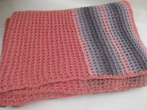 photo of rose-pink / grey, vintage crochet afghan lap blanket throw #1