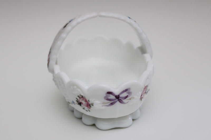photo of roses and bows hand painted milk glass basket, paneled grape vintage Westmoreland glass #3