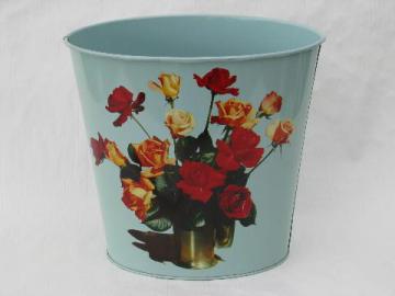 catalog photo of roses bouquet photo print, vintage metal litho wastebasket