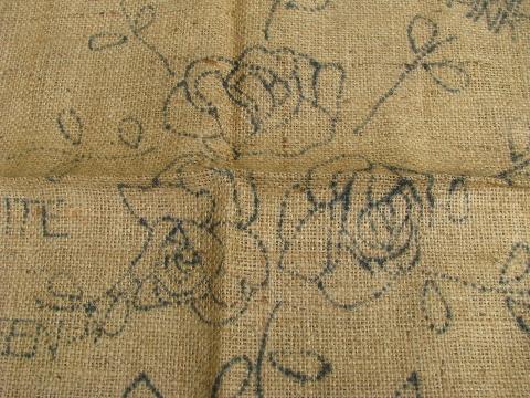 photo of roses floral vintage hessian burlap hooked rug canvas to hook w/ yarn or wool #3