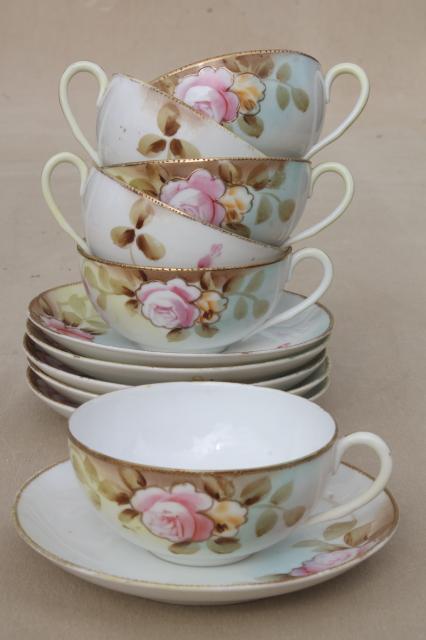 photo of roses & gold moriage hand painted Nippon china, antique vintage tea cups & saucers #1