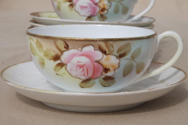 photo of roses & gold moriage hand painted Nippon china, antique vintage tea cups & saucers #2