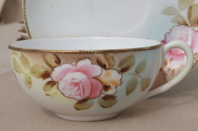 photo of roses & gold moriage hand painted Nippon china, antique vintage tea cups & saucers #3