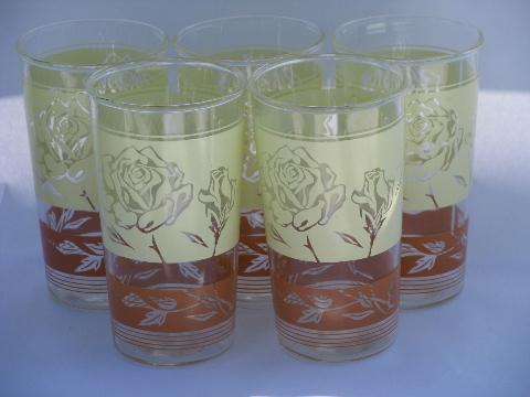 photo of roses print, vintage kitchen glass tumblers, lot retro swanky swigs glasses #1