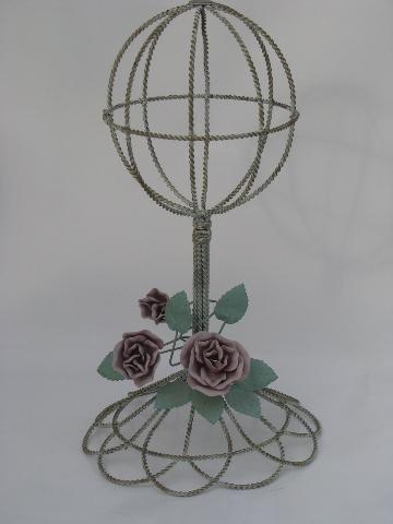 photo of roses tole metal wire hat or bonnet stand, tabletop display rack #1