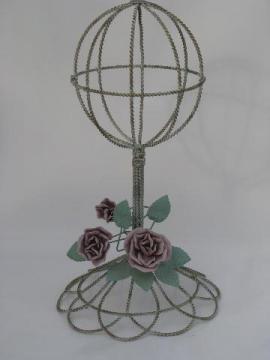 catalog photo of roses tole metal wire hat or bonnet stand, tabletop display rack