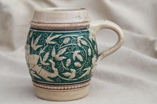 photo of rough old stoneware beer stein, tavern cup w/ motto in German #2