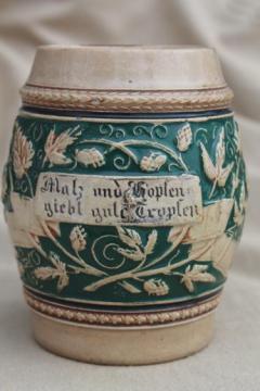 catalog photo of rough old stoneware beer stein, tavern cup w/ motto in German