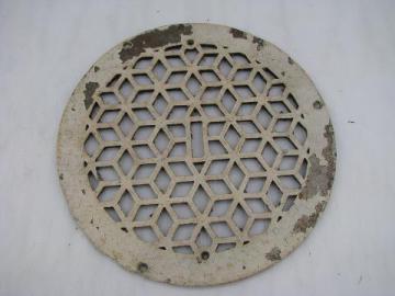 catalog photo of round antique architectural heating register grate or grill, arts & crafts mission vintage