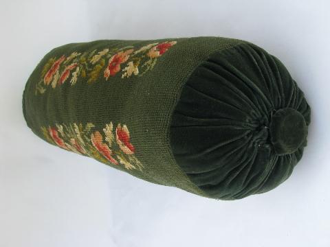 photo of round bolster shape vintage wool needlepoint floral pillow, antique green velvet #2