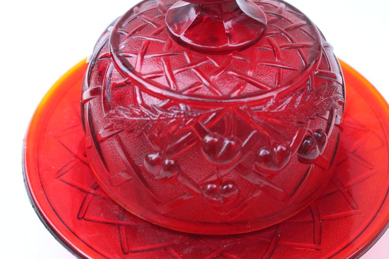 photo of round covered butter dish, cherries lattice pattern reproduction in ruby red glass #2