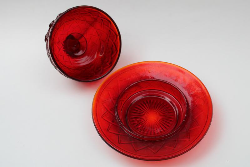 photo of round covered butter dish, cherries lattice pattern reproduction in ruby red glass #3