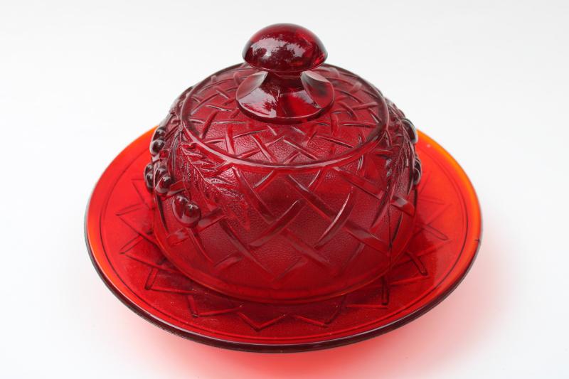 photo of round covered butter dish, cherries lattice pattern reproduction in ruby red glass #7