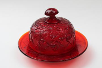 catalog photo of round covered butter dish, cherries lattice pattern reproduction in ruby red glass