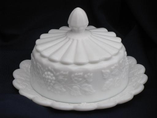 photo of round covered butter plate dish, Westmoreland paneled grape milk glass #1