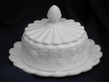 catalog photo of round covered butter plate dish, Westmoreland paneled grape milk glass