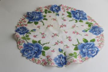 catalog photo of round vintage hanky, blue flowers print cotton doily handkerchief 