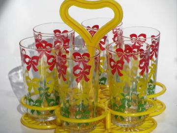 catalog photo of rows of bows swanky swigs, vintage glass tumblers set, plastic glasses rack