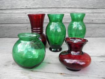 catalog photo of royal ruby red and forest green glass vases lot, vintage Anchor Hocking