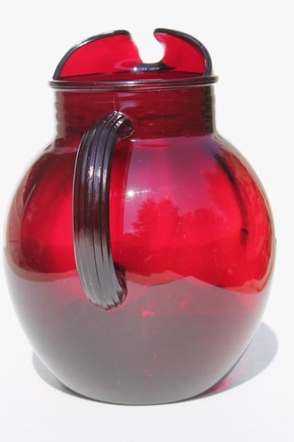 photo of royal ruby red glass pitcher, vintage Anchor Hocking glass round ball pitcher #4