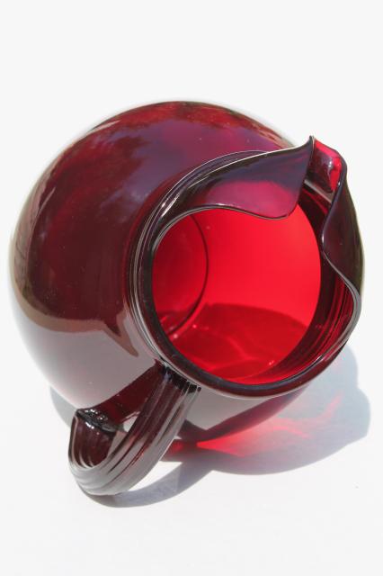 photo of royal ruby red glass pitcher, vintage Anchor Hocking glass round ball pitcher #5