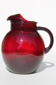 catalog photo of royal ruby red glass pitcher, vintage Anchor Hocking glass round ball pitcher