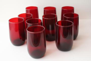 photo of royal ruby red glass roly poly tumblers, Anchor Hocking juice glasses set of 10