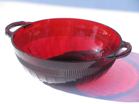 photo of royal ruby red glass vintage salad or serving bowl w/ handles, Coronation pattern #1