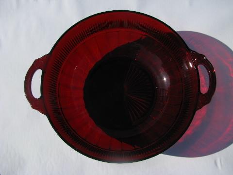 photo of royal ruby red glass vintage salad or serving bowl w/ handles, Coronation pattern #2