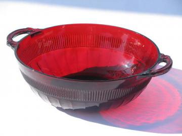 catalog photo of royal ruby red glass vintage salad or serving bowl w/ handles, Coronation pattern