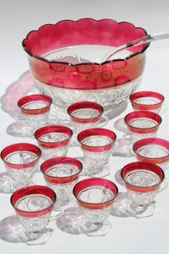 photo of ruby band coinspot glass punch set, huge vintage Indiana glass punch bowl & footed cups #1