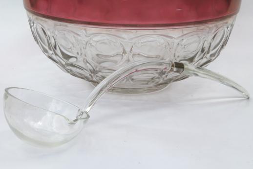 photo of ruby band coinspot glass punch set, huge vintage Indiana glass punch bowl & footed cups #4