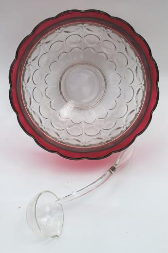 photo of ruby band coinspot glass punch set, huge vintage Indiana glass punch bowl & footed cups #6