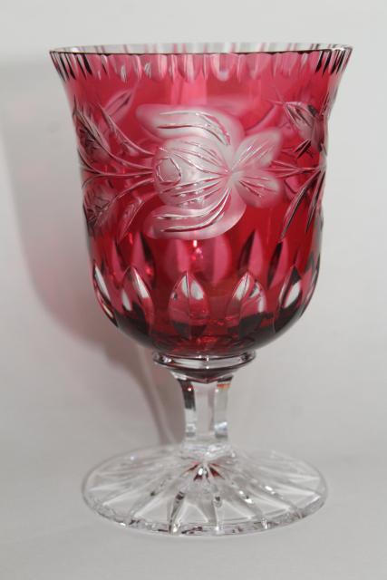 photo of ruby cut to clear crystal glass goblet vase or spooner, moss rose and leaf pattern #1