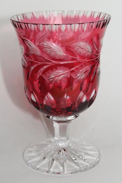 photo of ruby cut to clear crystal glass goblet vase or spooner, moss rose and leaf pattern #2