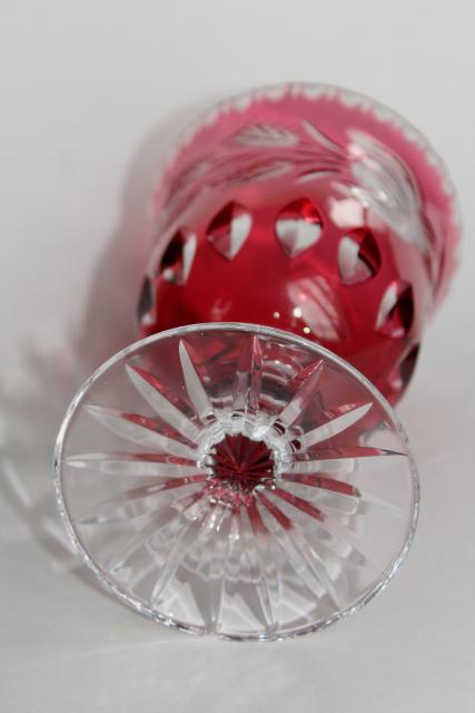 photo of ruby cut to clear crystal glass goblet vase or spooner, moss rose and leaf pattern #5