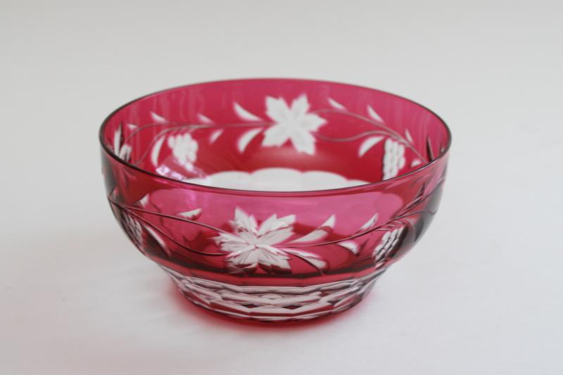 photo of ruby cut to clear glass bowl leaf and vine w/ grapes, vintage Czech Bohemian crystal #1