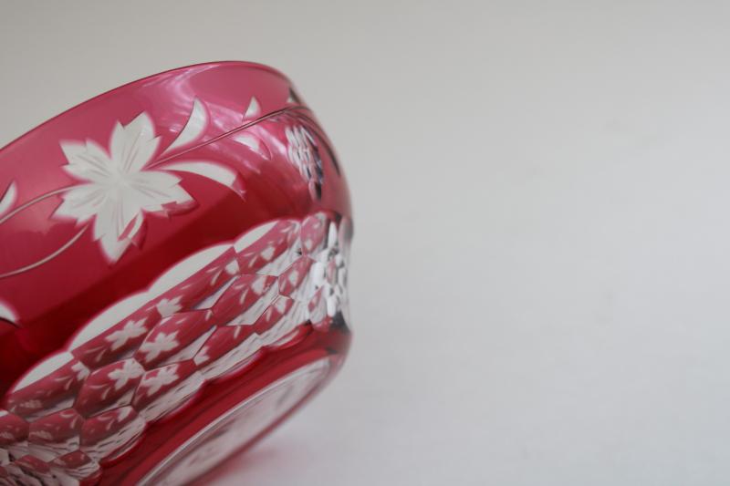 photo of ruby cut to clear glass bowl leaf and vine w/ grapes, vintage Czech Bohemian crystal #3