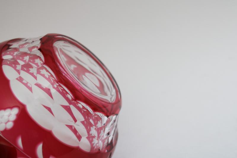 photo of ruby cut to clear glass bowl leaf and vine w/ grapes, vintage Czech Bohemian crystal #4