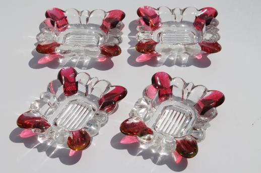 photo of ruby flashed glass ashtrays set, crystal clear glass w/ ruby red colored stain #1