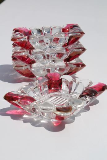 photo of ruby flashed glass ashtrays set, crystal clear glass w/ ruby red colored stain #2