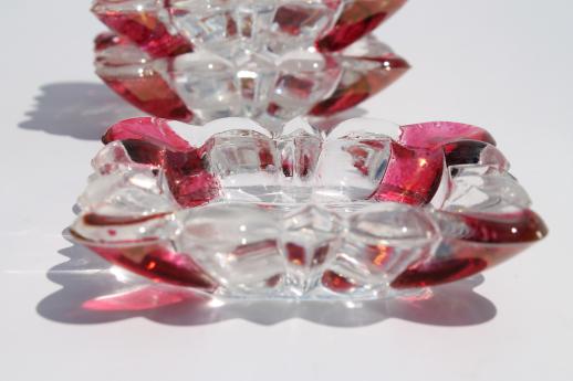 photo of ruby flashed glass ashtrays set, crystal clear glass w/ ruby red colored stain #3