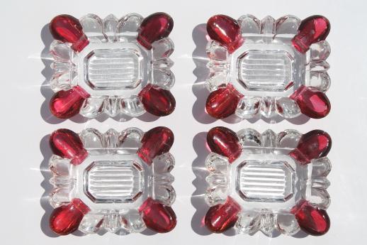 photo of ruby flashed glass ashtrays set, crystal clear glass w/ ruby red colored stain #4