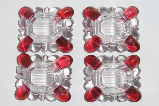 photo of ruby flashed glass ashtrays set, crystal clear glass w/ ruby red colored stain #5
