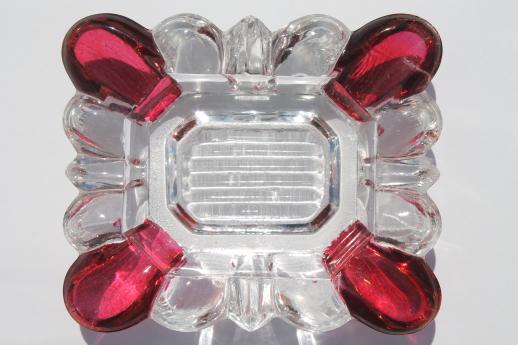 photo of ruby flashed glass ashtrays set, crystal clear glass w/ ruby red colored stain #6