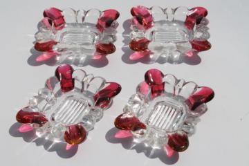 catalog photo of ruby flashed glass ashtrays set, crystal clear glass w/ ruby red colored stain