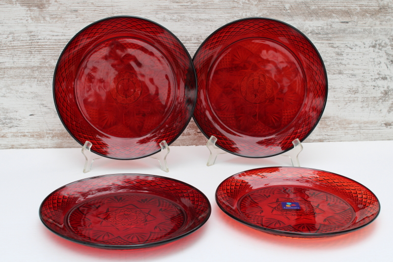 photo of ruby red antique pattern Cristal d'Arques Arcoroc dinner plates, set of 4 #1