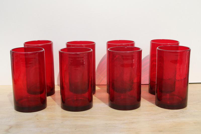 photo of ruby red bubble glass, set of 8 big tumblers, drinking glasses or hurricane candle holders #1